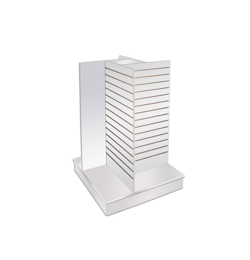 54" White Slatwall Display Stand – 4-Way Pinwheel Floor Merchandiser Fixture for Retail Stores & Trade Shows