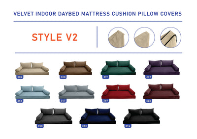 Model V2 - Velvet Indoor Daybed Mattress Bolster Backrest Cushions and Covers |Complete Set|