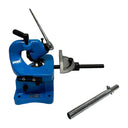 Blue bench shear with circular cutting head and straight edge guide