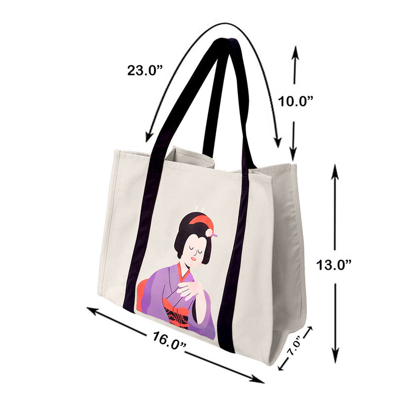 16" x 13" Reusable Canvas Geisha Tote Bag,Grocery Bag,Beach Bag,Shopping Bag