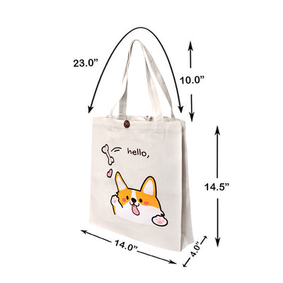 14"L x 15"H Reusable Canvas Corgi Tote Bag,Grocery Bag ,Shopping Bag, Beach Bag