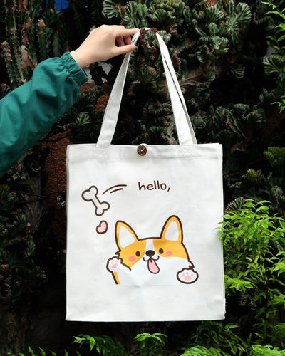 14"L x 15"H Reusable Canvas Corgi Tote Bag,Grocery Bag ,Shopping Bag, Beach Bag