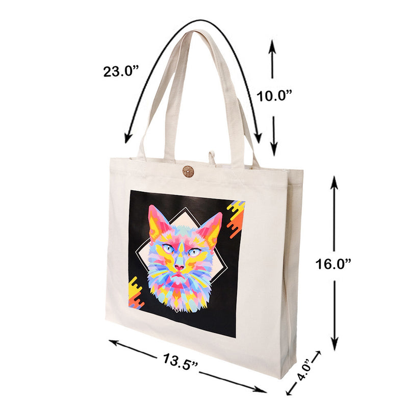 16"L x 14"H Reusable Canvas Cat Tote Bag,Grocery Bag,Beach Bag,Shopping Bag