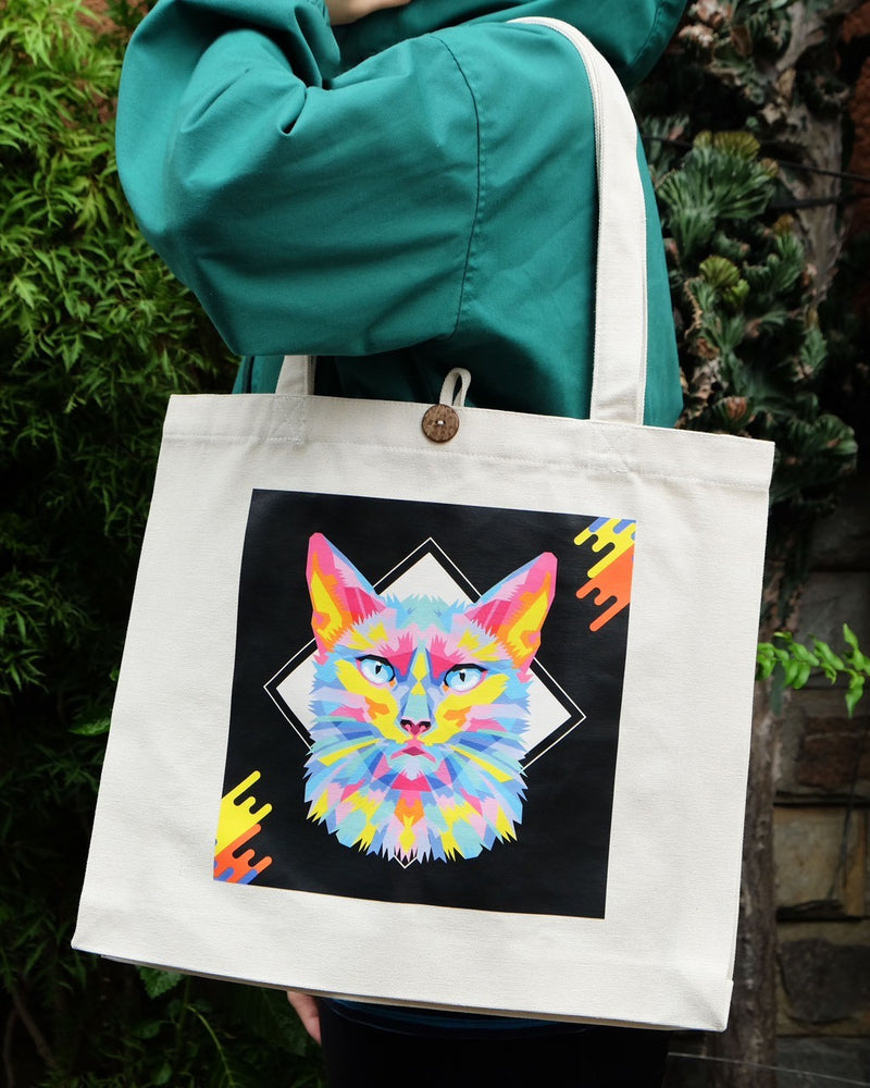 16"L x 14"H Reusable Canvas Cat Tote Bag,Grocery Bag,Beach Bag,Shopping Bag