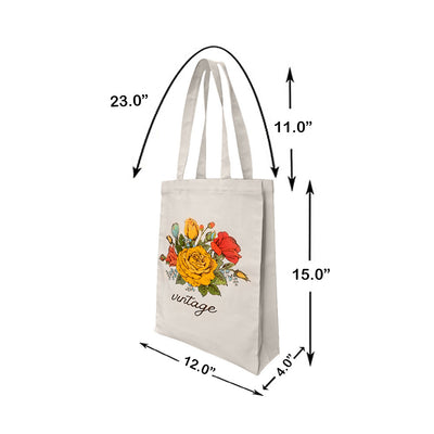 12"L x 15"H Reusable Canvas Roses Tote Bag, Grocery Bag, Beach Bag, Shopping Bag