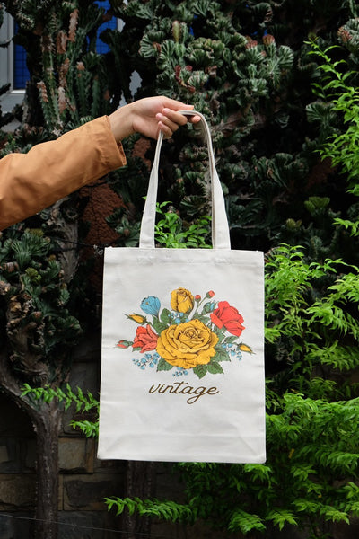 12"L x 15"H Reusable Canvas Roses Tote Bag, Grocery Bag, Beach Bag, Shopping Bag