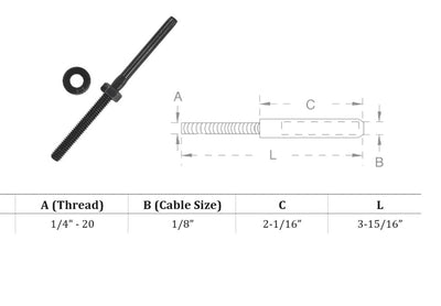 T316 SS Hand Swage Wrench Flat Stud 1/4"-20 Thread For 1/8" Cable, Black Oxide