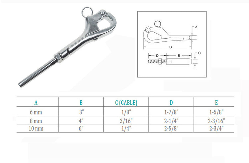 Stainless Steel Pelican Hook Shackle For 1/8", 3/16", 1/4" Cable Wire Sailing Boat Yacht