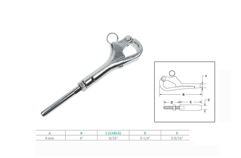 Stainless Steel Pelican Hook Shackle For 1/8", 3/16", 1/4" Cable Wire Sailing Boat Yacht