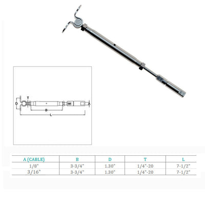 Marine Stainless Steel Swageless Deck Toggle Turnbuckle Fitting 1/8", 3/16" Cable Wire Rope