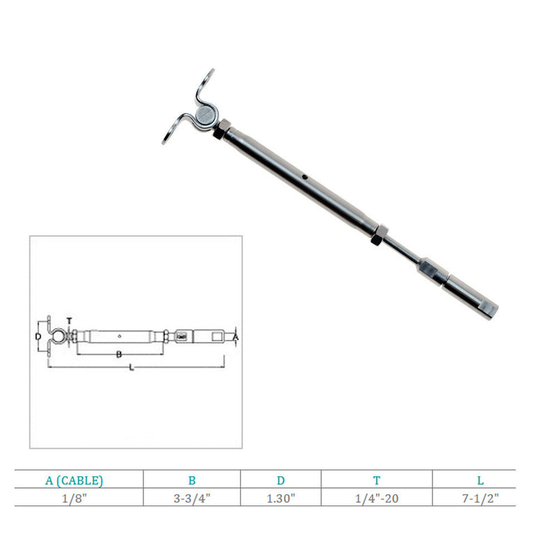 Marine Stainless Steel Swageless Deck Toggle Turnbuckle Fitting 1/8", 3/16" Cable Wire Rope