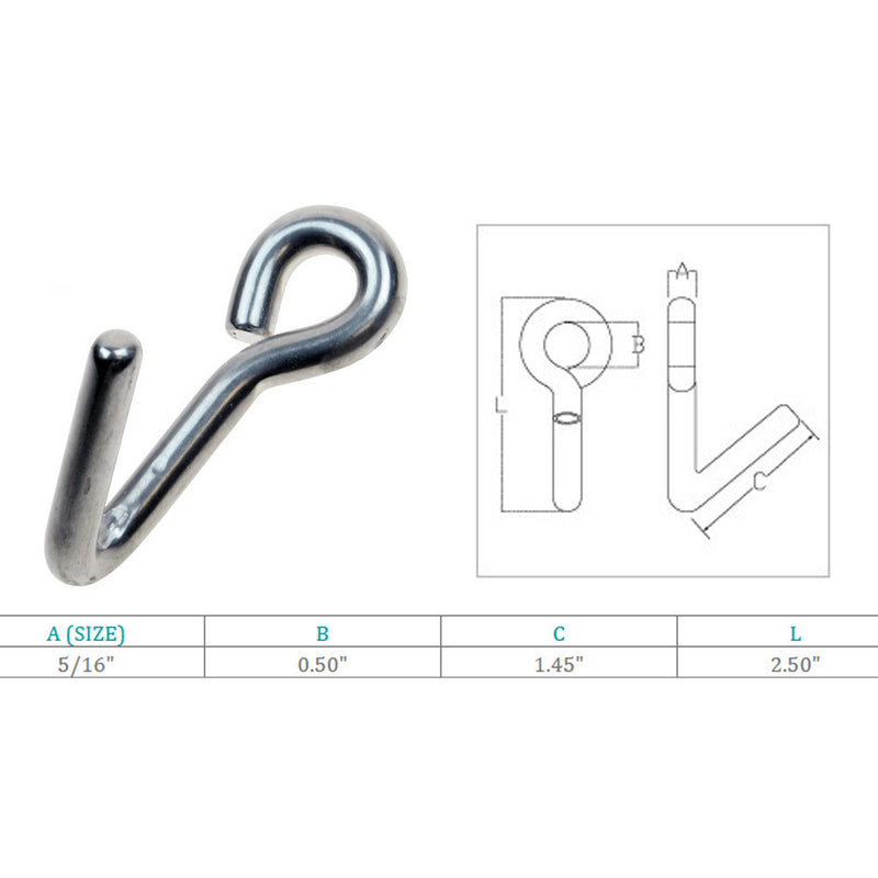 5/16", 3/8" Marine Boat Stainless Steel Downhaul Hook Rigging Lifting Hook