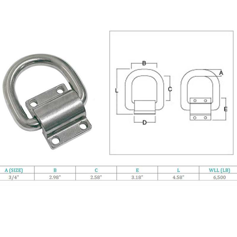 Marine Boat Stainless Steel T316 Bolt-On Lashing Ring D-Ring Anchor Tie Down