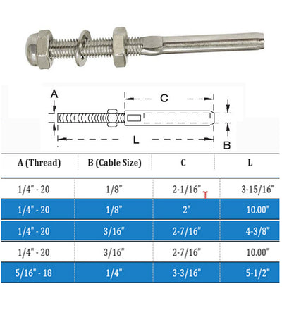 Stainless Steel Swage Threaded Stud End Fitting for 1/8",1/4",3/16" Cable Size