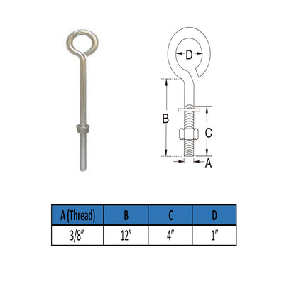 MARINE GRADE STAINLESS STEEL TURNED EYE BOLT (NUT AND WASHERS INCLUDED)