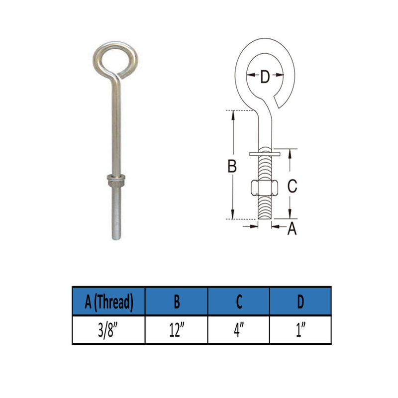 MARINE GRADE STAINLESS STEEL TURNED EYE BOLT (NUT AND WASHERS INCLUDED)