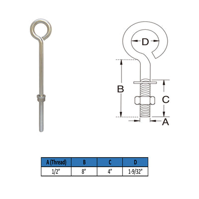 MARINE GRADE STAINLESS STEEL TURNED EYE BOLT (NUT AND WASHERS INCLUDED)