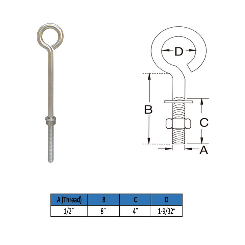 MARINE GRADE STAINLESS STEEL TURNED EYE BOLT (NUT AND WASHERS INCLUDED)