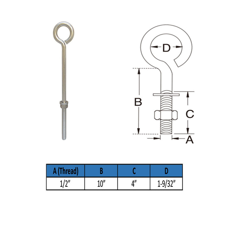 MARINE GRADE STAINLESS STEEL TURNED EYE BOLT (NUT AND WASHERS INCLUDED)