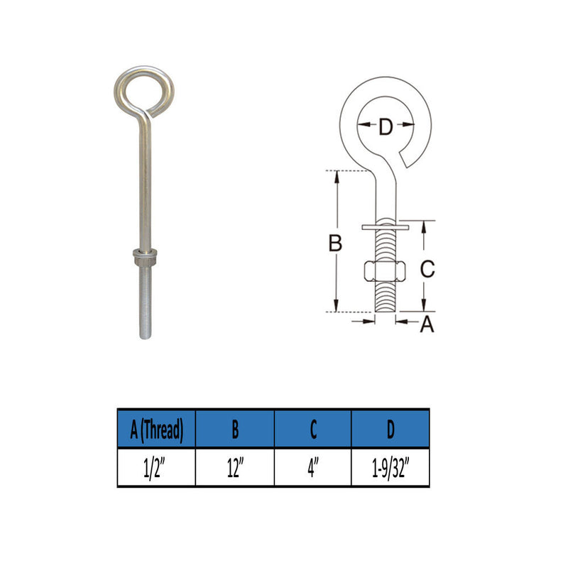 MARINE GRADE STAINLESS STEEL TURNED EYE BOLT (NUT AND WASHERS INCLUDED)