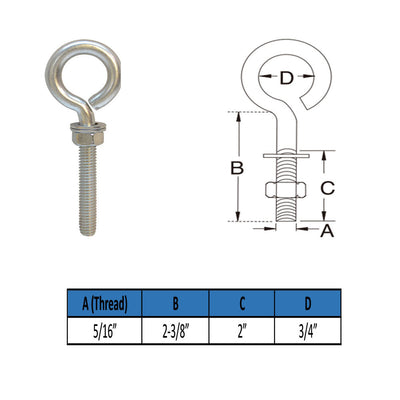 MARINE GRADE STAINLESS STEEL TURNED EYE BOLT (NUT AND WASHERS INCLUDED)