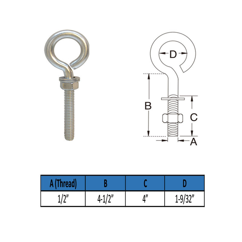 MARINE GRADE STAINLESS STEEL TURNED EYE BOLT (NUT AND WASHERS INCLUDED)