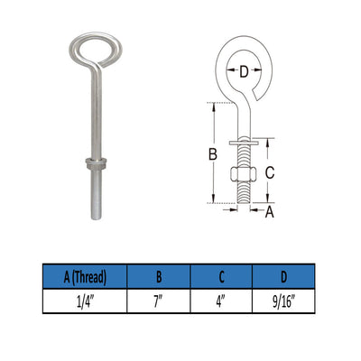 MARINE GRADE STAINLESS STEEL TURNED EYE BOLT (NUT AND WASHERS INCLUDED)