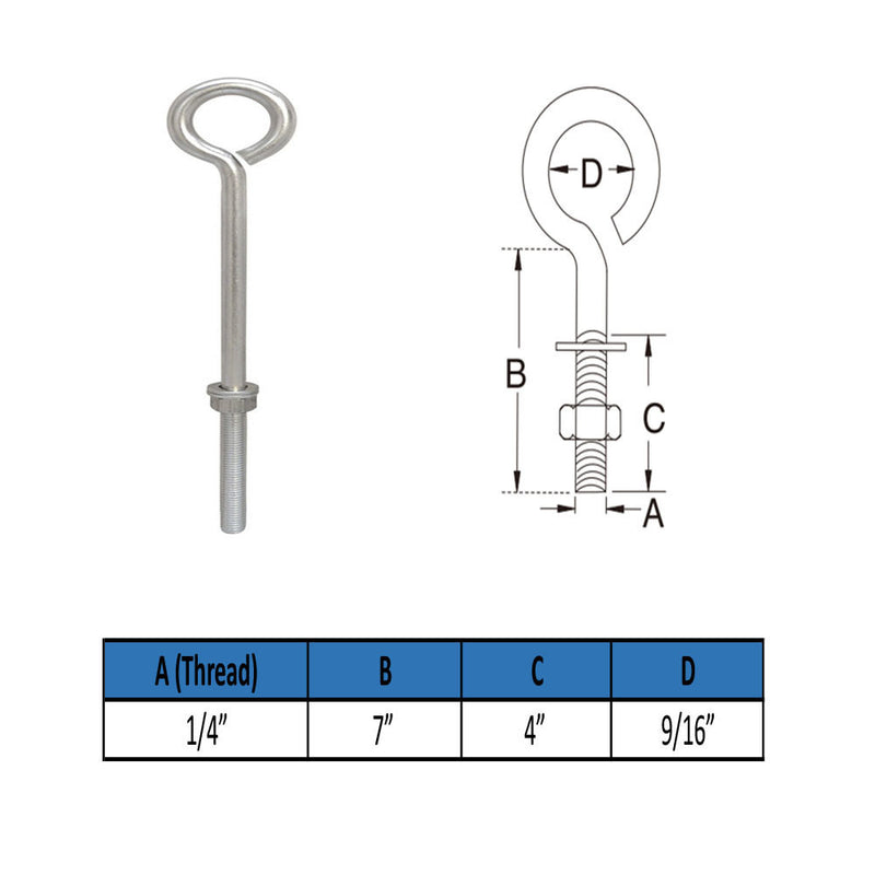 MARINE GRADE STAINLESS STEEL TURNED EYE BOLT (NUT AND WASHERS INCLUDED)