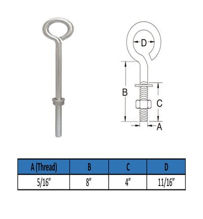 MARINE GRADE STAINLESS STEEL TURNED EYE BOLT (NUT AND WASHERS INCLUDED)