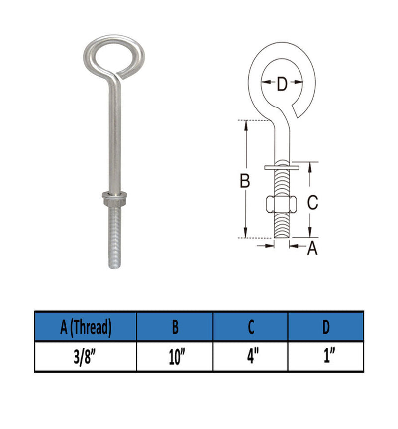 MARINE GRADE STAINLESS STEEL TURNED EYE BOLT (NUT AND WASHERS INCLUDED)