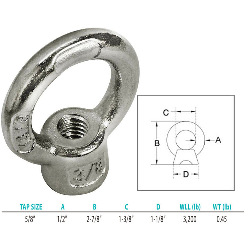 Boat Marine 316 Stainless Steel Lifting Eye Nut, UNC Tap