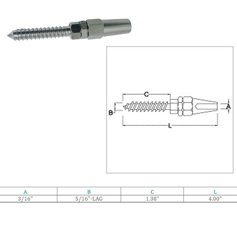 Marine Swageless Lag Stud Cable Rail Wire Rope Railing, T316 Stainless Steel