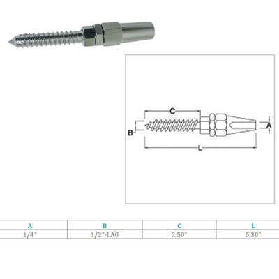 Marine Swageless Lag Stud Cable Rail Wire Rope Railing, T316 Stainless Steel