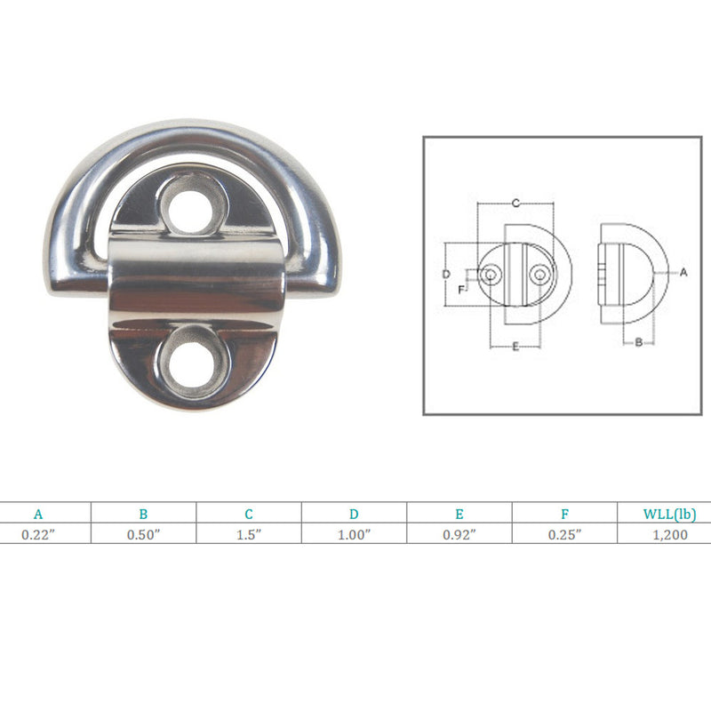 Stainless Steel 316 Folding Pad Eye D Ring Tie Down 3/16" Marine Grade