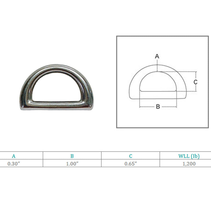 Marine Boat 3/16" D Ring Wire Rope D-Ring 1,200 Lbs WLL Stainless Steel