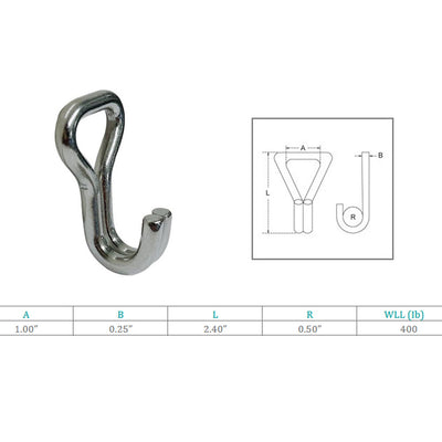 1" Marine Grade J Web Hook J Hook Rigging Stainless Steel 400 Lbs Loading Capacity