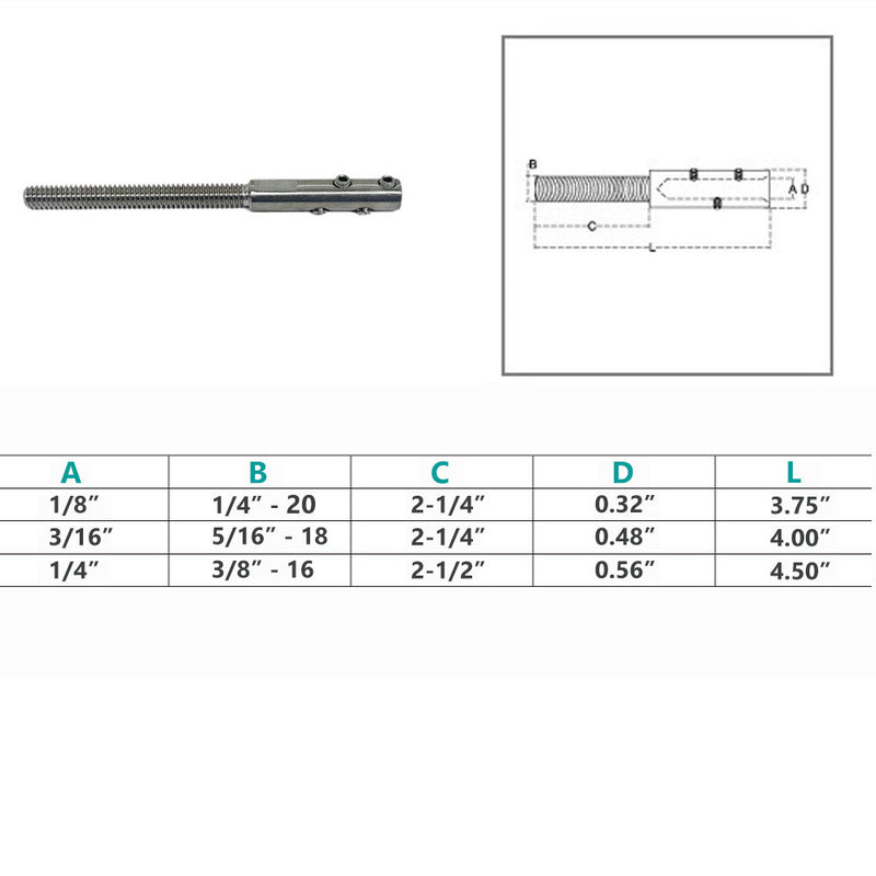 Marine Deck Boat Set Screw Threaded Stud For 1/8", 3/16" 1/4" Cable Wire Stainless Steel T316