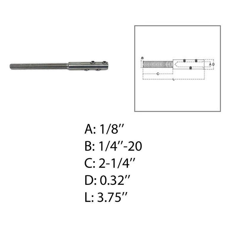 Marine Deck Boat Set Screw Threaded Stud For 1/8", 3/16" 1/4" Cable Wire Stainless Steel T316