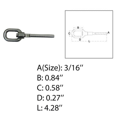 Marine Boat Swivel Gate Eye For 3/16" Cable Hand Swage Stud Stainless Steel T316