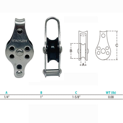 1/4" Sailing Block Marine Stainless Steel Rope Pulley Becket Nylon Sheave