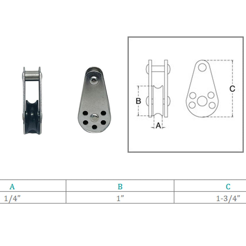 1/4" Sailing Block Marine Stainless Steel Fix Pin Rope Pulley Nylon Sheave