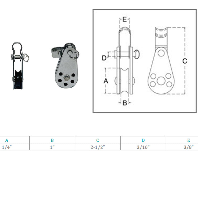 1/4" Sailing Block Stainless Steel Removable Pin & Toggle Rope Pulley Sheave