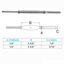 1/4" Thread Rod & HAND SWAGE Stud Turnbuckle 1/8", 3/16" Cable Stainless Steel