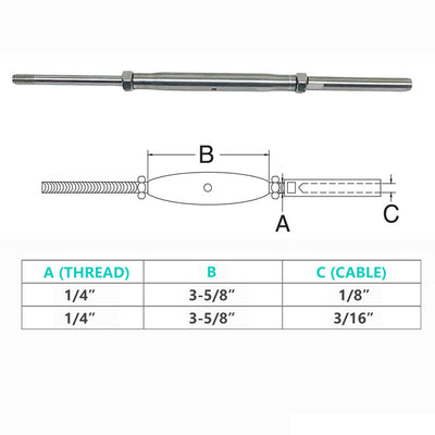 1/4" Thread Rod & HAND SWAGE Stud Turnbuckle 1/8", 3/16" Cable Stainless Steel