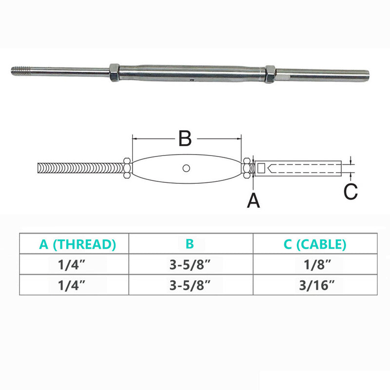 1/4" Thread Rod & HAND SWAGE Stud Turnbuckle 1/8", 3/16" Cable Stainless Steel