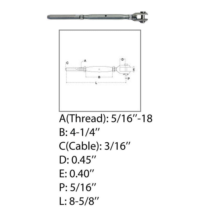 Marine Thread Fork & Swage Stud Turnbuckle For 1/8", 3/16", 1/4" Cable Stainless Steel T316