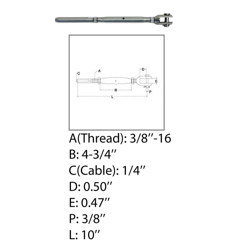 Marine Thread Fork & Swage Stud Turnbuckle For 1/8", 3/16", 1/4" Cable Stainless Steel T316