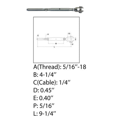 Marine Thread Fork & Swage Stud Turnbuckle For 1/8", 3/16", 1/4" Cable Stainless Steel T316