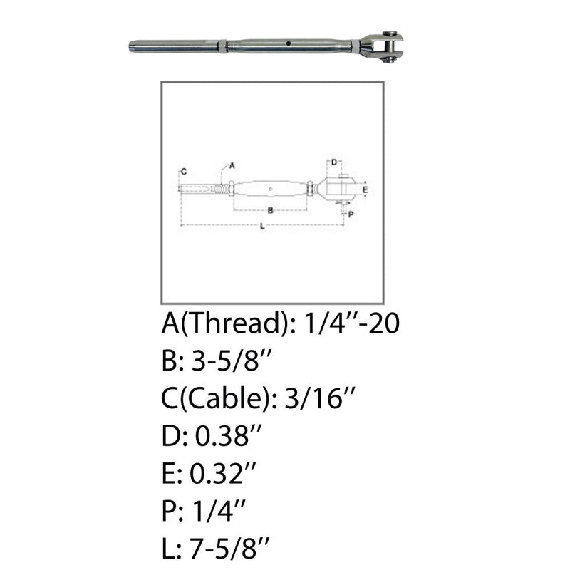 Marine Thread Fork & Swage Stud Turnbuckle For 1/8", 3/16", 1/4" Cable Stainless Steel T316