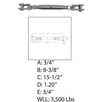 Marine 3/4" Toggle & toggle Pipe Turnbuckle 3500 Lbs WLL Stainless Steel T316